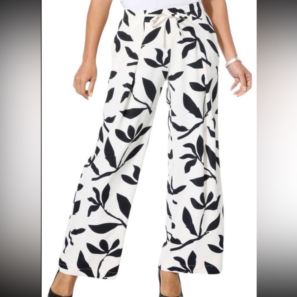 Aodemo Women Size 2XL Black & White Self-tie Waist Belt Leaf Print Slacks Pants